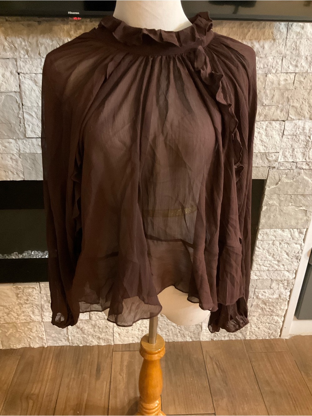 Commense Women’s Brown Ruffle-Neck Sheer Shirt Size L